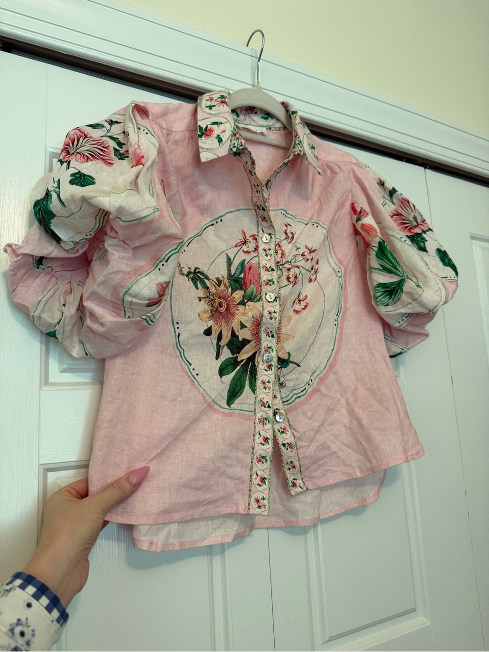 Pink Floral Button-Up Womens Blouse with Puff Sleeves